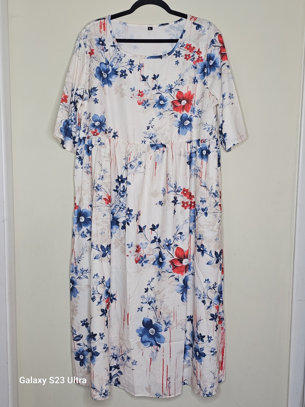 Floral Midi Dress in White with Blue & Red Blooms